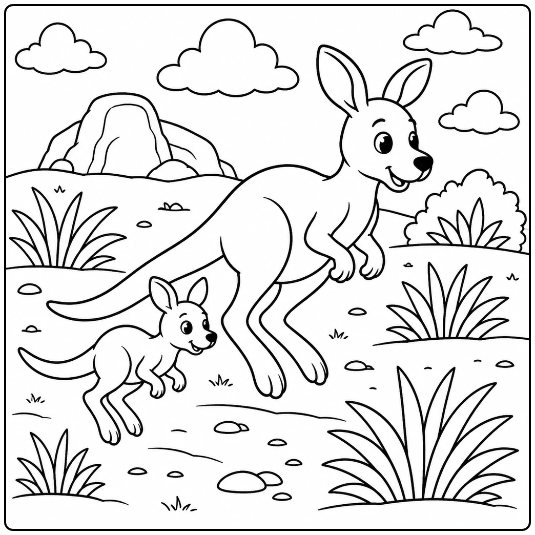 Adult kangaroo hops across open ground as a joey follows behind, with hills, bushes, and clouds in view.