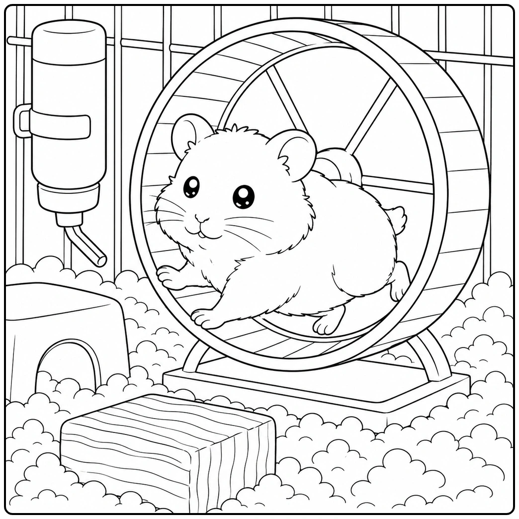 Running hamster coloring page featuring a fluffy pet exercising inside a large wheel