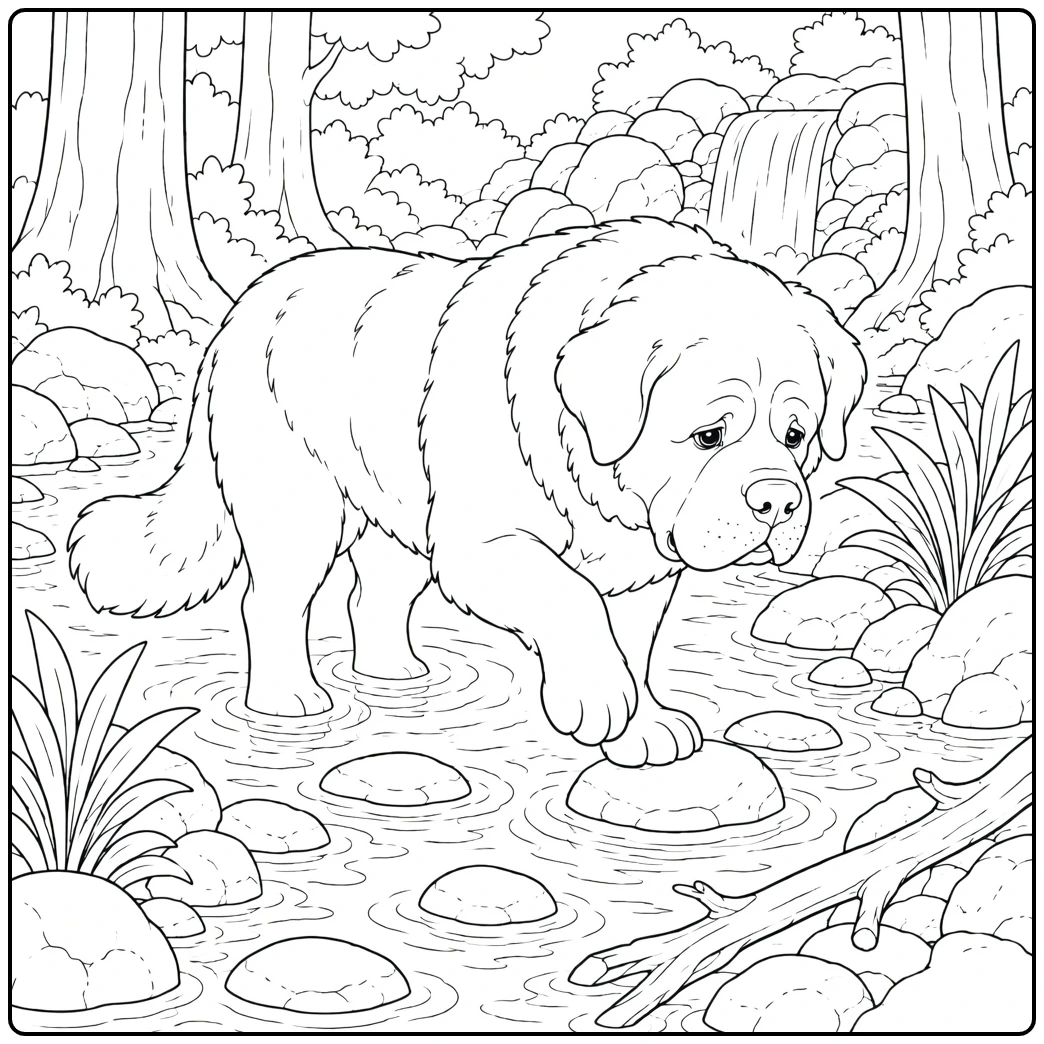 Saint Bernard coloring page with dog on stepping stones in creek