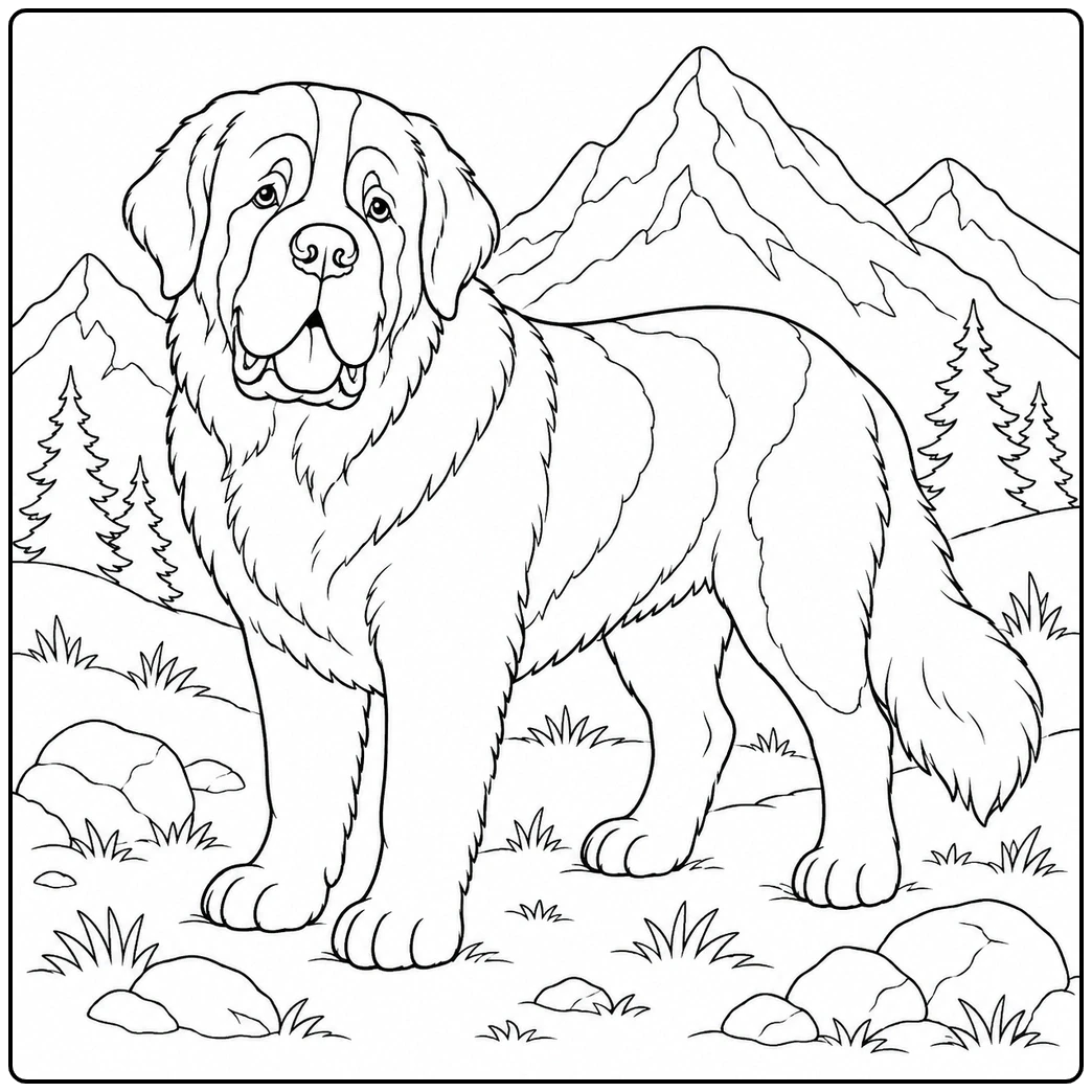 Large Saint Bernard standing among rocks and pine trees with tall mountain peaks in the background