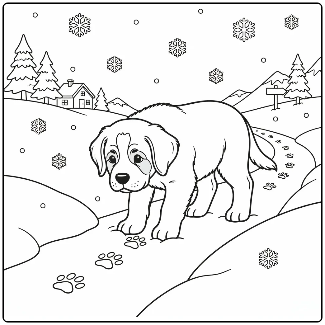 Saint Bernard coloring page puppy sniffing pawprints in snow