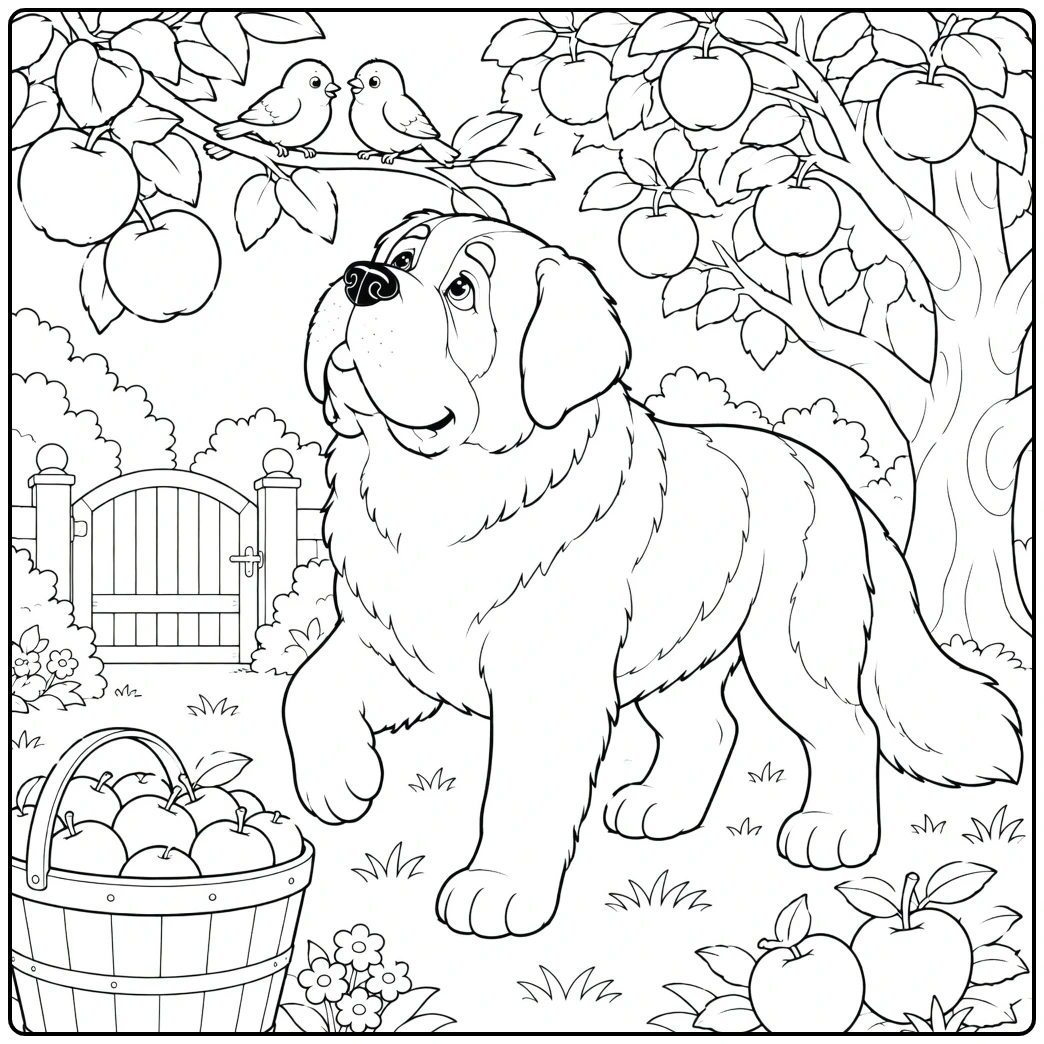 Saint Bernard coloring page of dog in orchard with birds