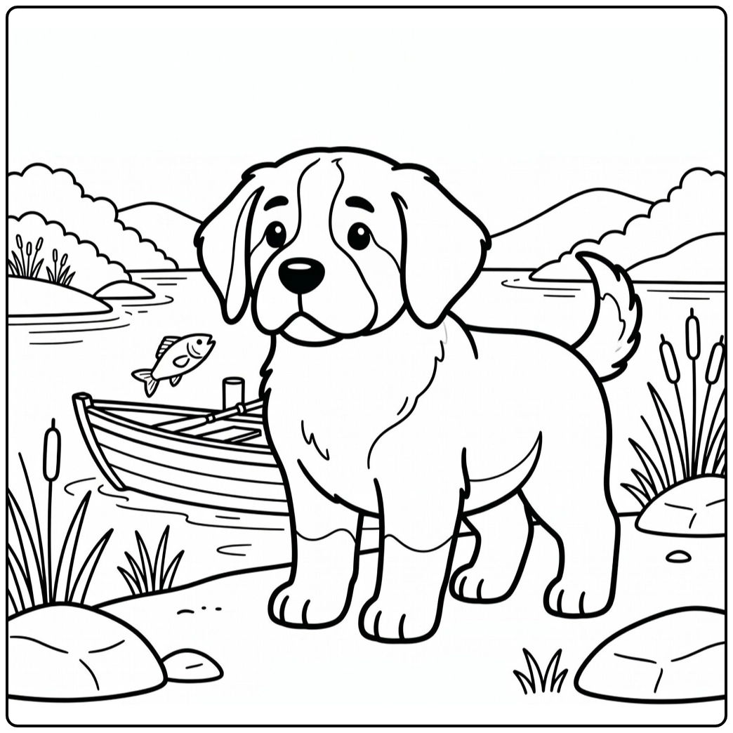 Saint Bernard coloring page Puppy Watching Fish by Lake