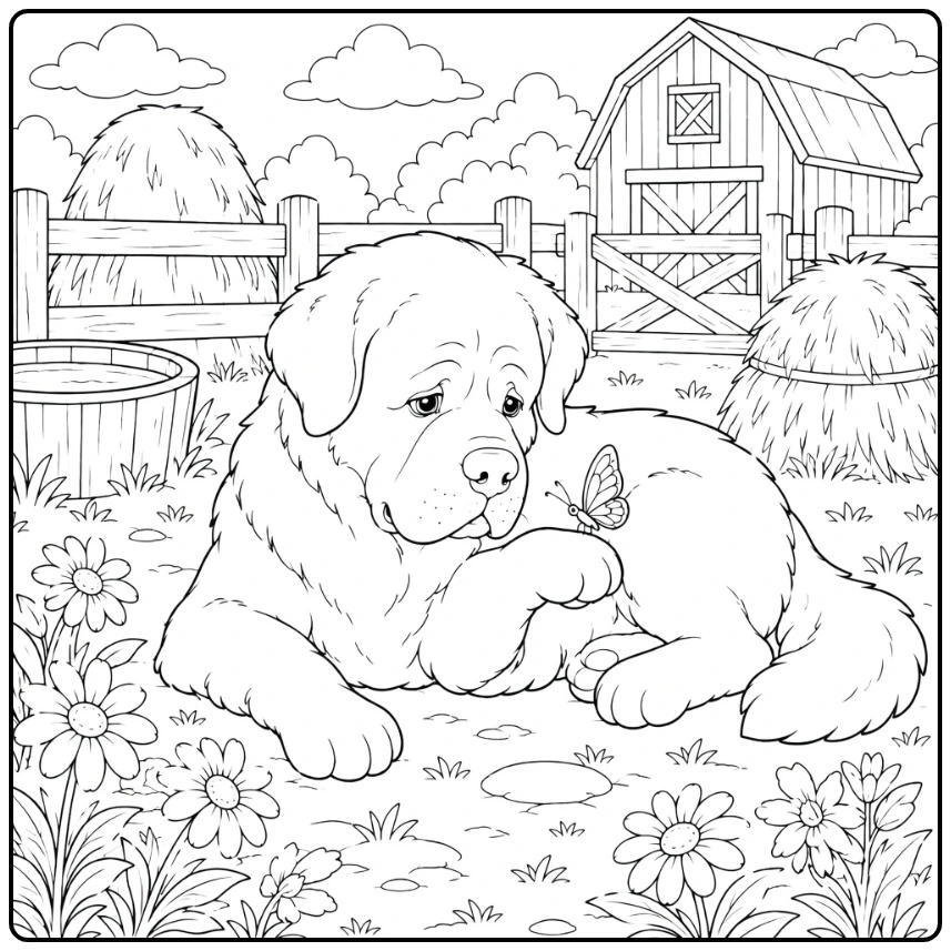 Saint Bernard coloring page with dog and butterfly in farm