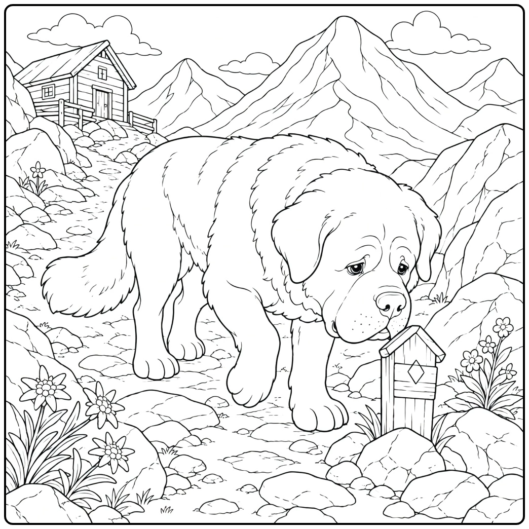 Saint Bernard coloring page dog on alpine rescue trail