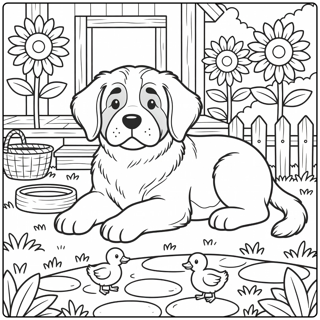 Saint Bernard coloring page with puppy watching ducklings