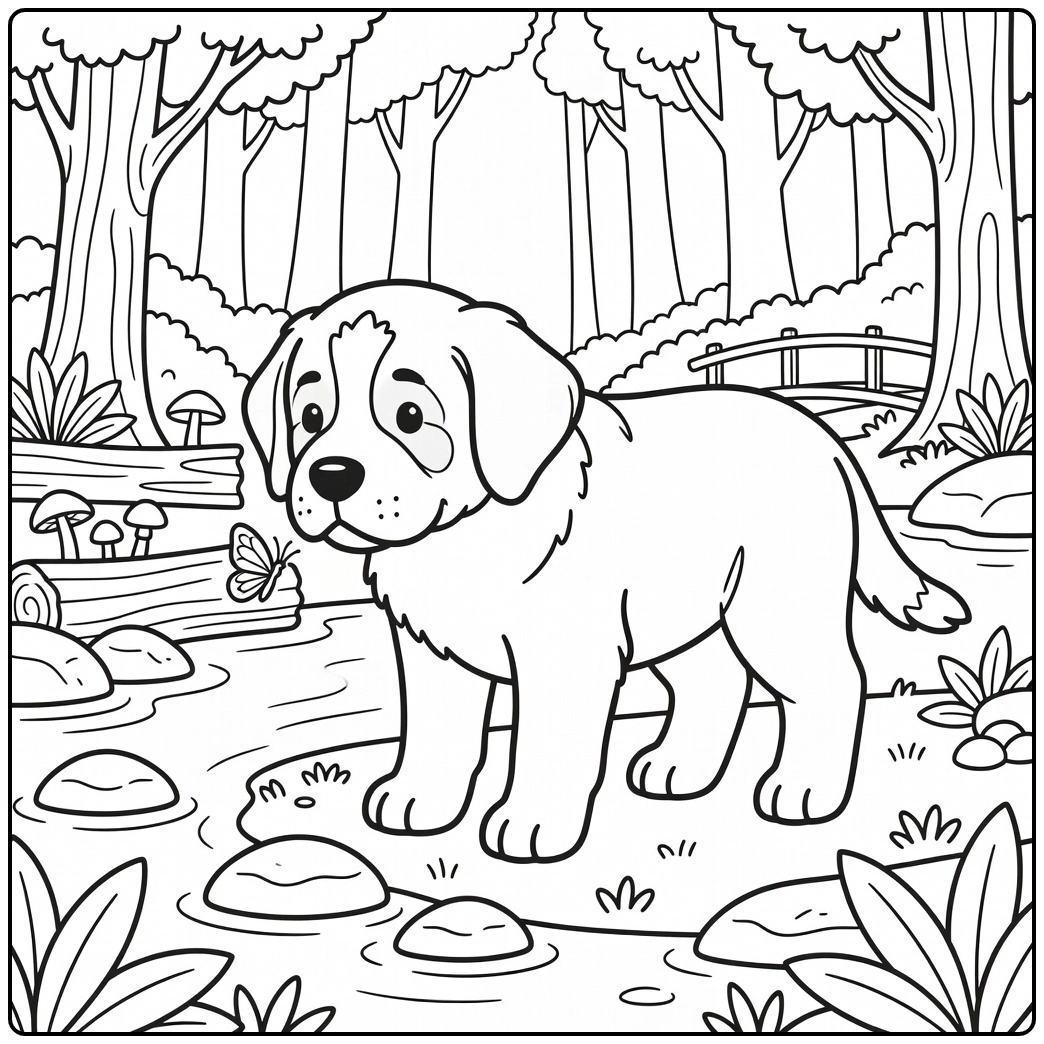 Saint Bernard coloring page with puppy by woodland stream
