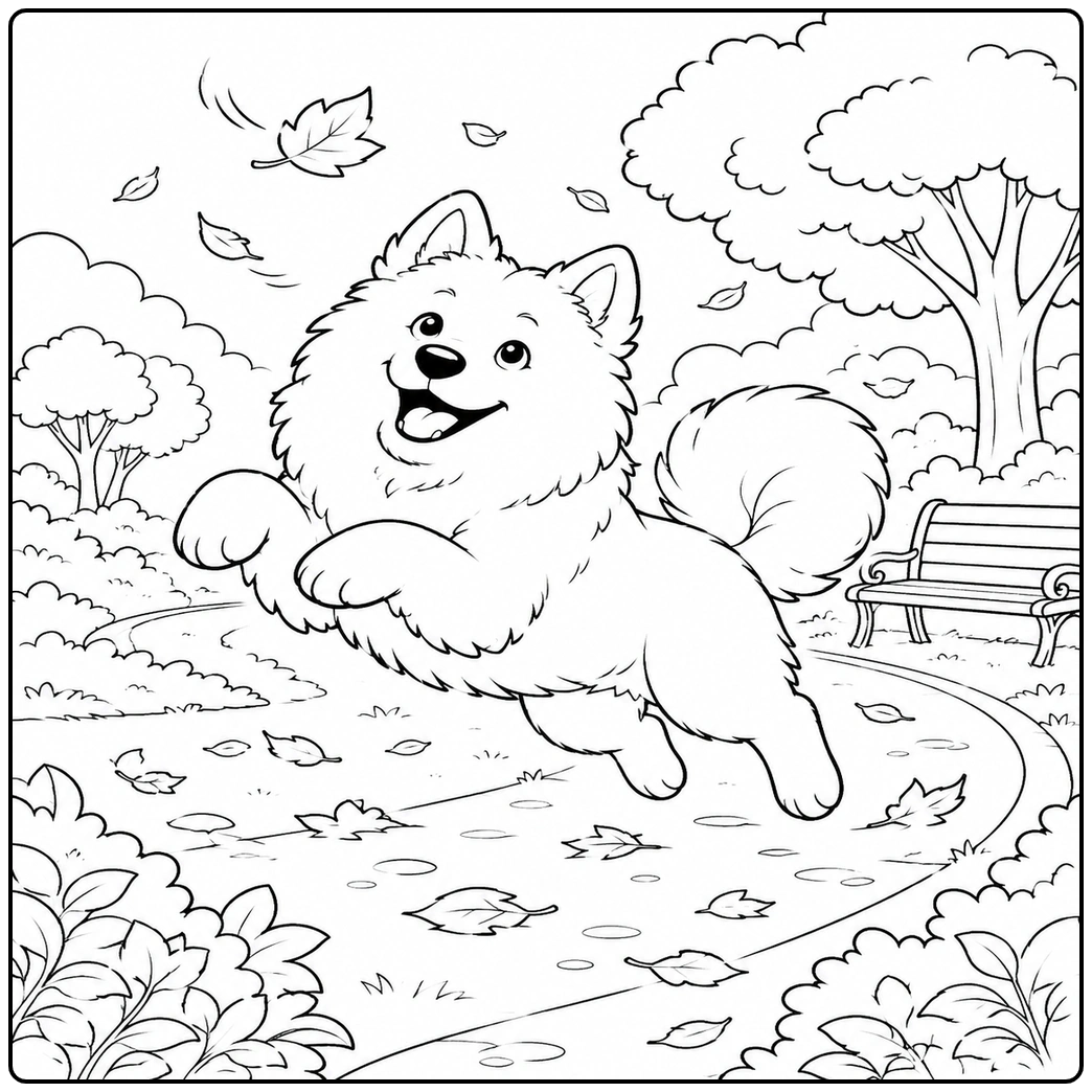 Samoyed coloring page of happy dog catching falling leaf outdoors