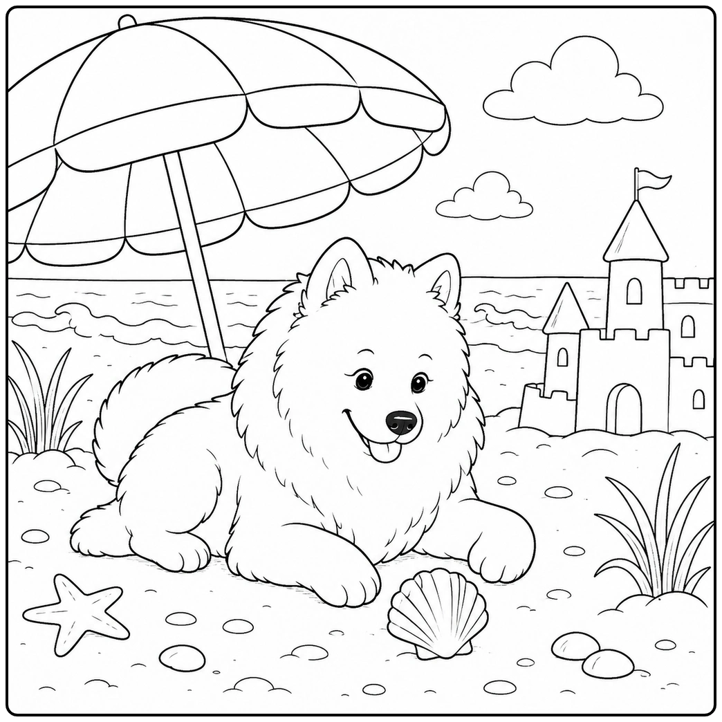 Samoyed coloring page beach scene with umbrella and seashell