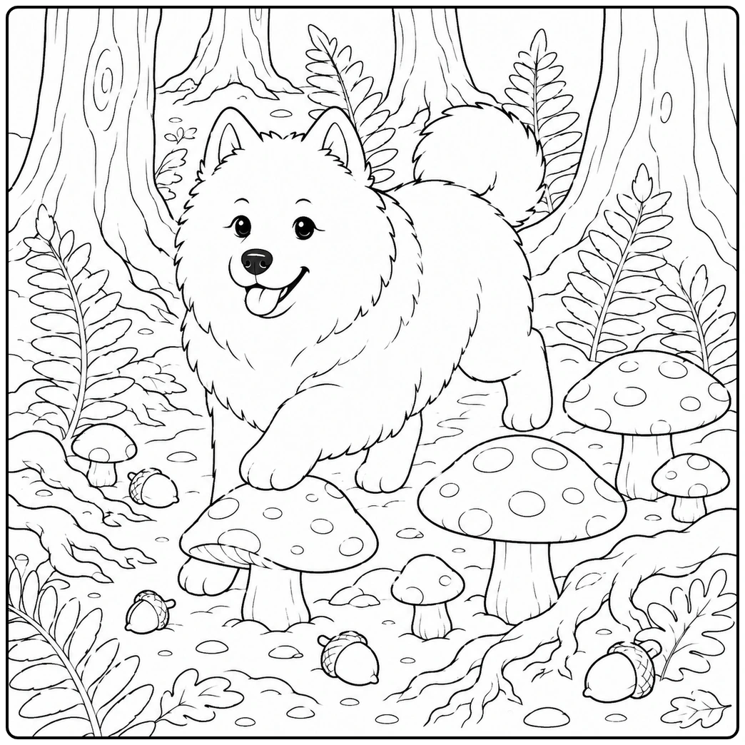 Samoyed coloring page of fluffy dog among mushrooms and ferns