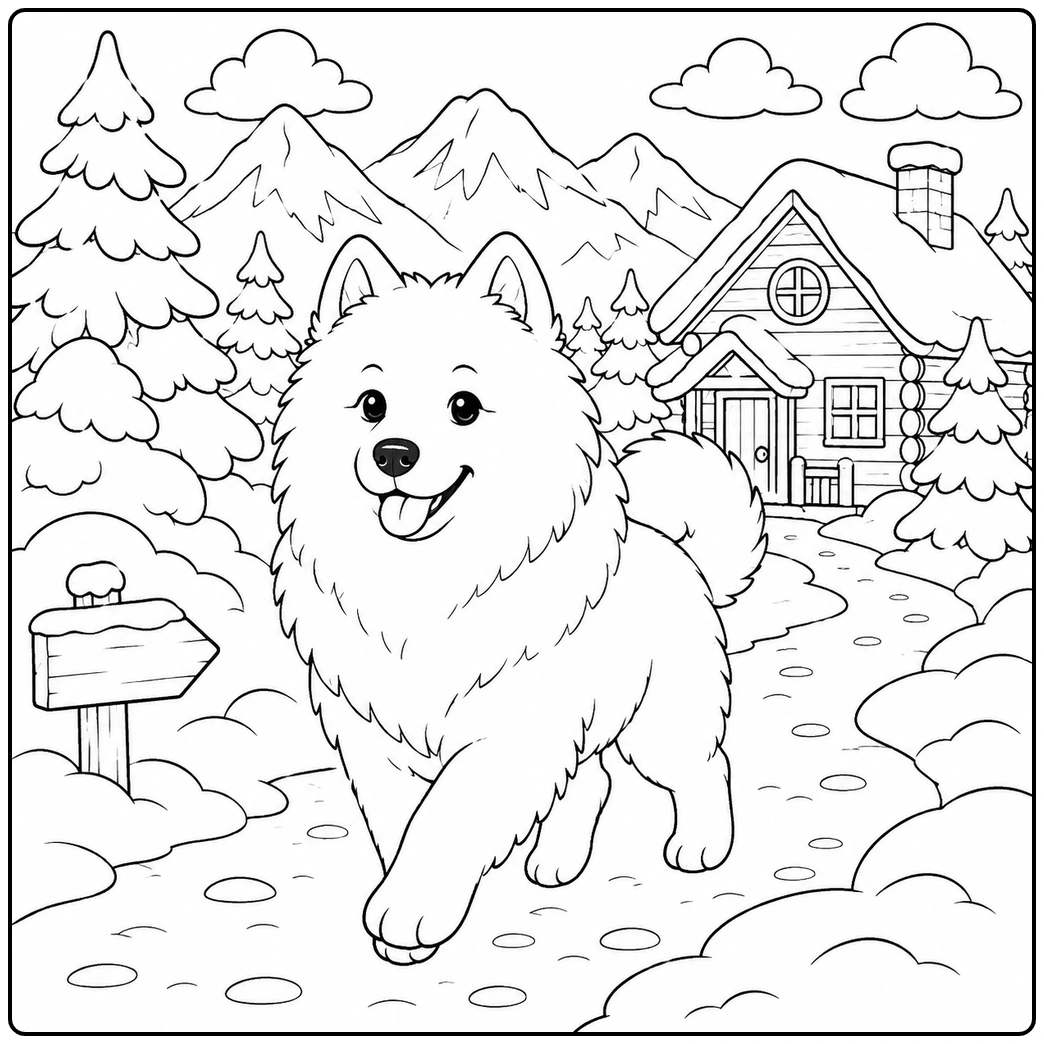 Samoyed coloring page fluffy dog on snowy cabin path