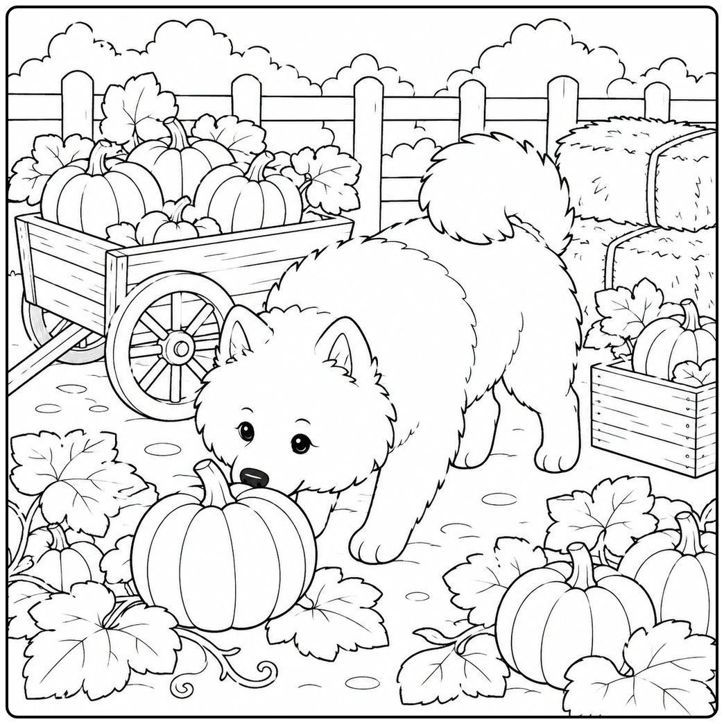 Samoyed coloring page with dog sniffing pumpkin in garden