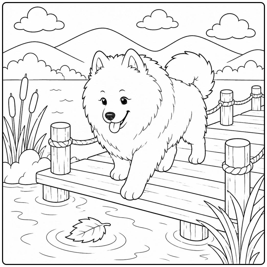Samoyed coloring page happy dog on wooden pier with ripples
