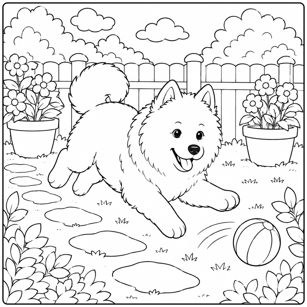 Samoyed coloring page with dog chasing ball in garden