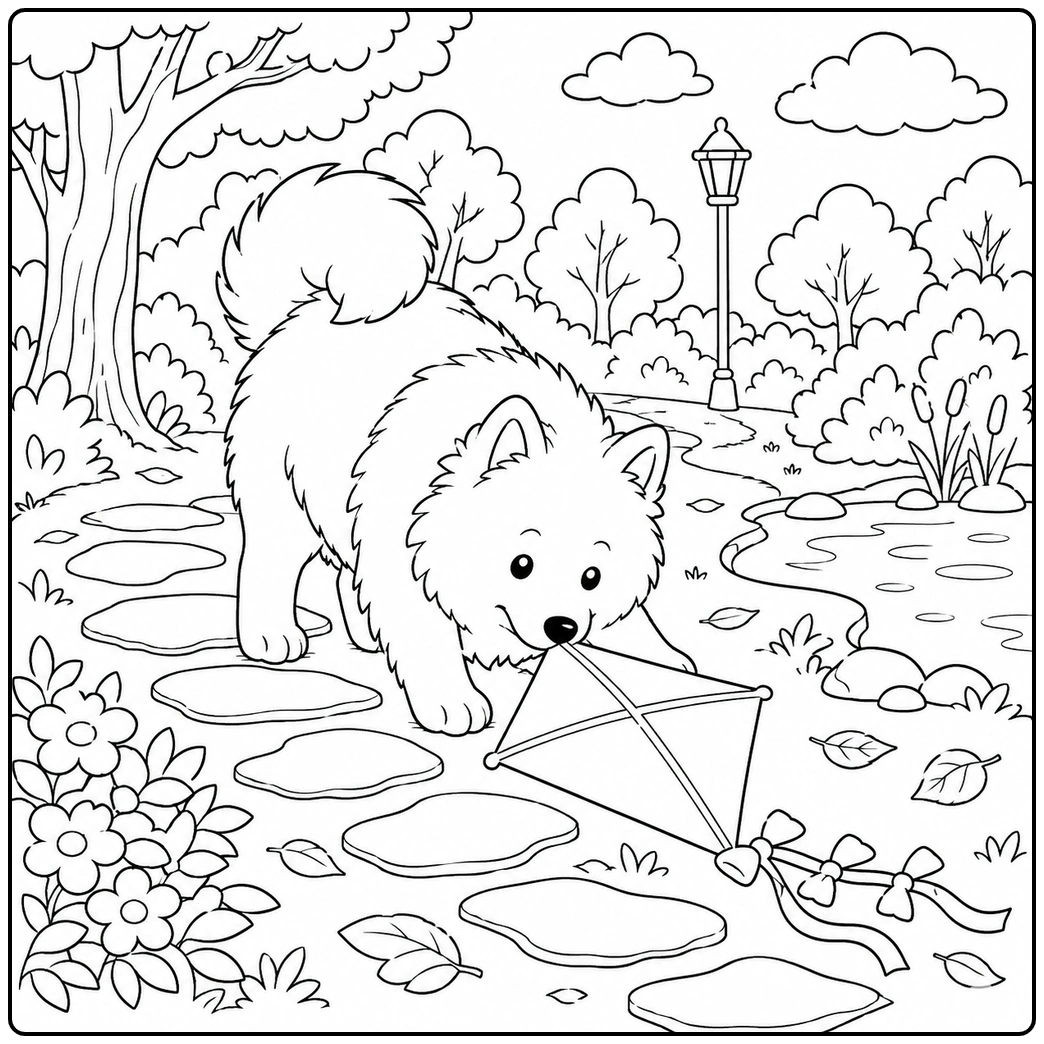 Samoyed coloring page playful dog tugging kite in park
