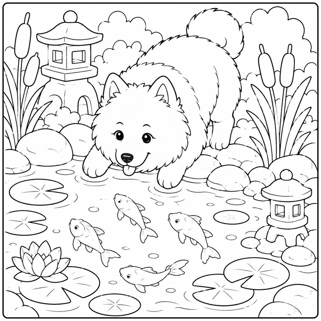 Samoyed coloring page dog leaning over pond watching fish