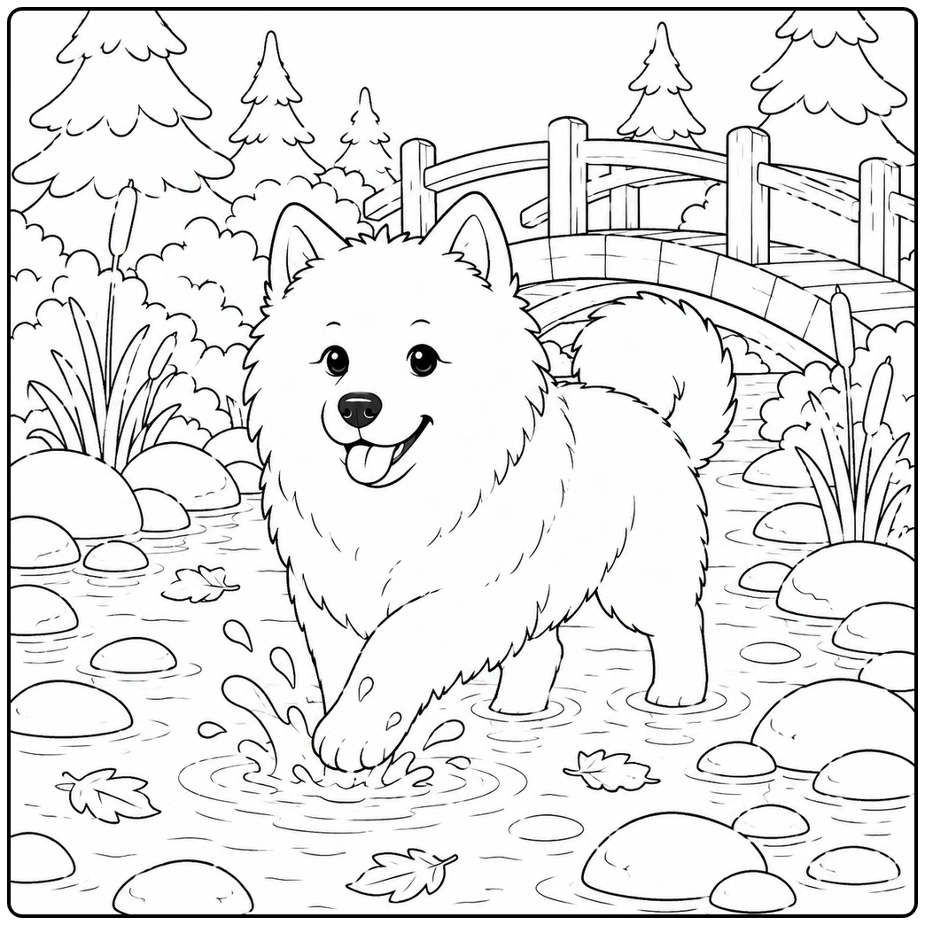 Samoyed coloring page of dog splashing in stream