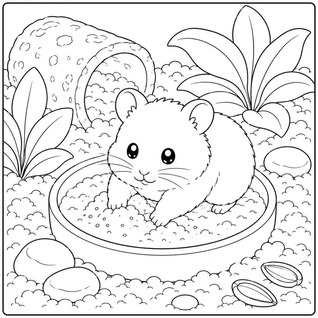 Hamster digging inside a shallow sand bath in this hamster coloring page with plants and a cork tunnel