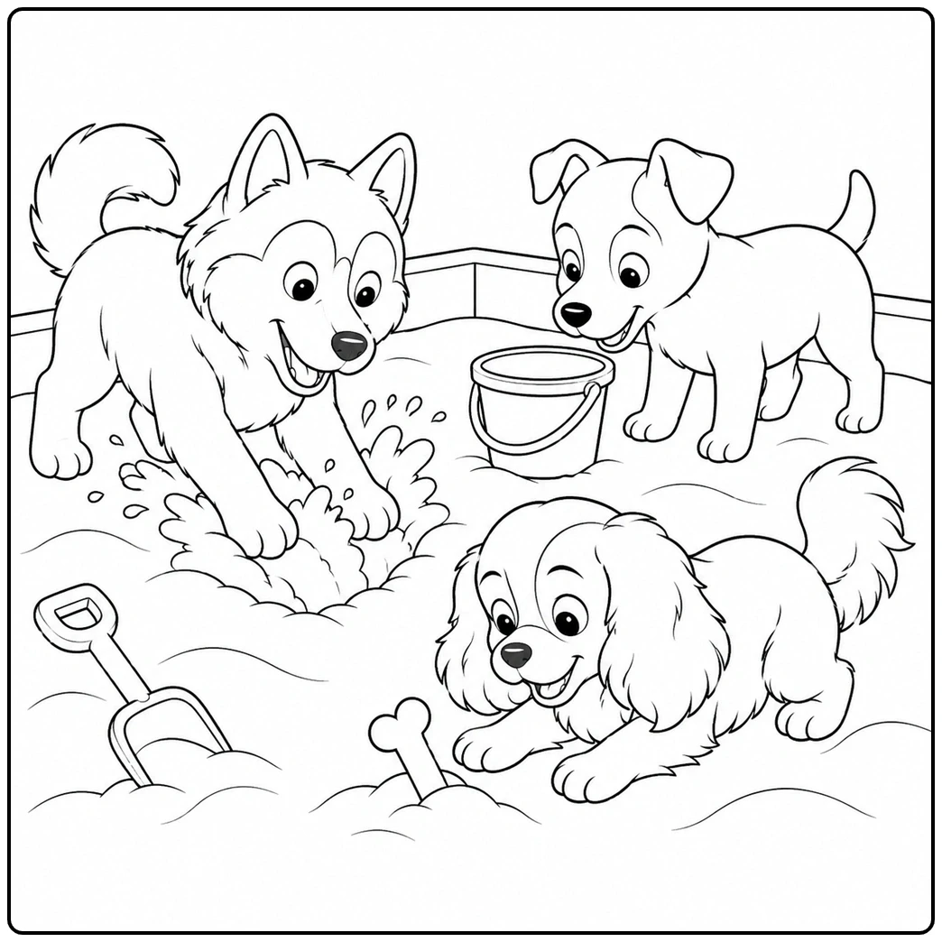 Three puppies dig in a sandbox beside a bucket, shovel, and bone resting in the sand