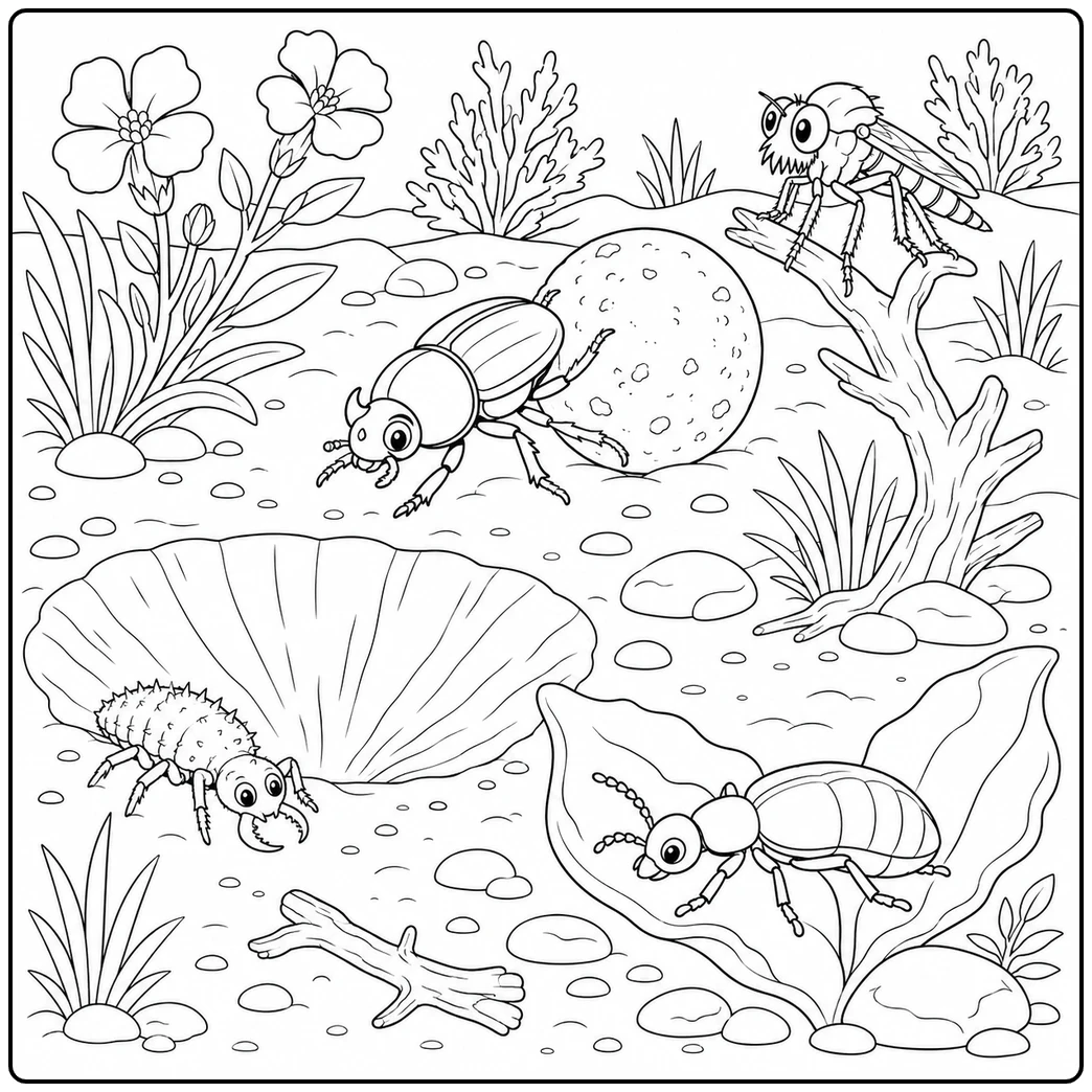 Dung beetle pushes a round ball across sandy ground near an antlion pit and dry plants
