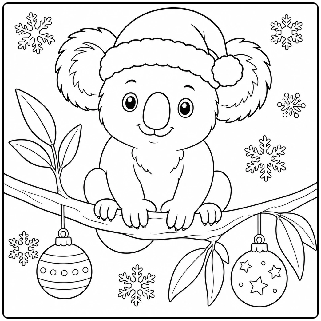 Koala in a Santa hat sits on a branch with snowflakes and hanging Christmas ornaments