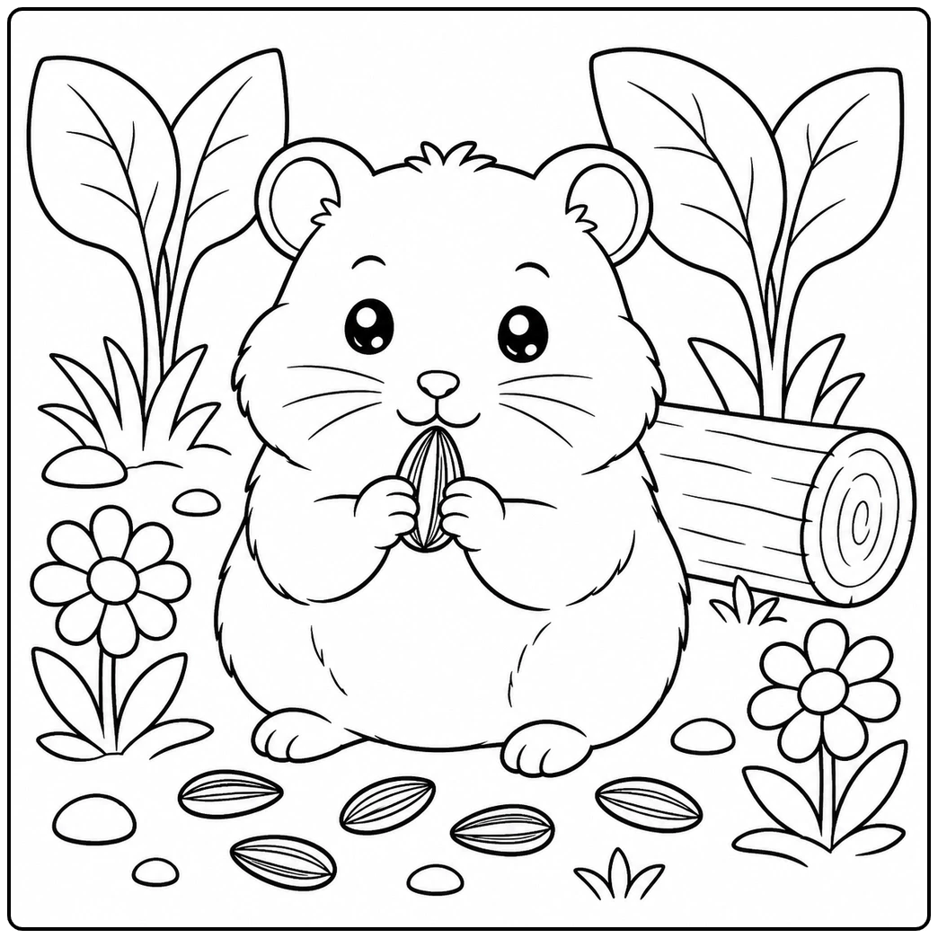 Round hamster holding a sunflower seed among flowers, leafy plants, pebbles, and a fallen log