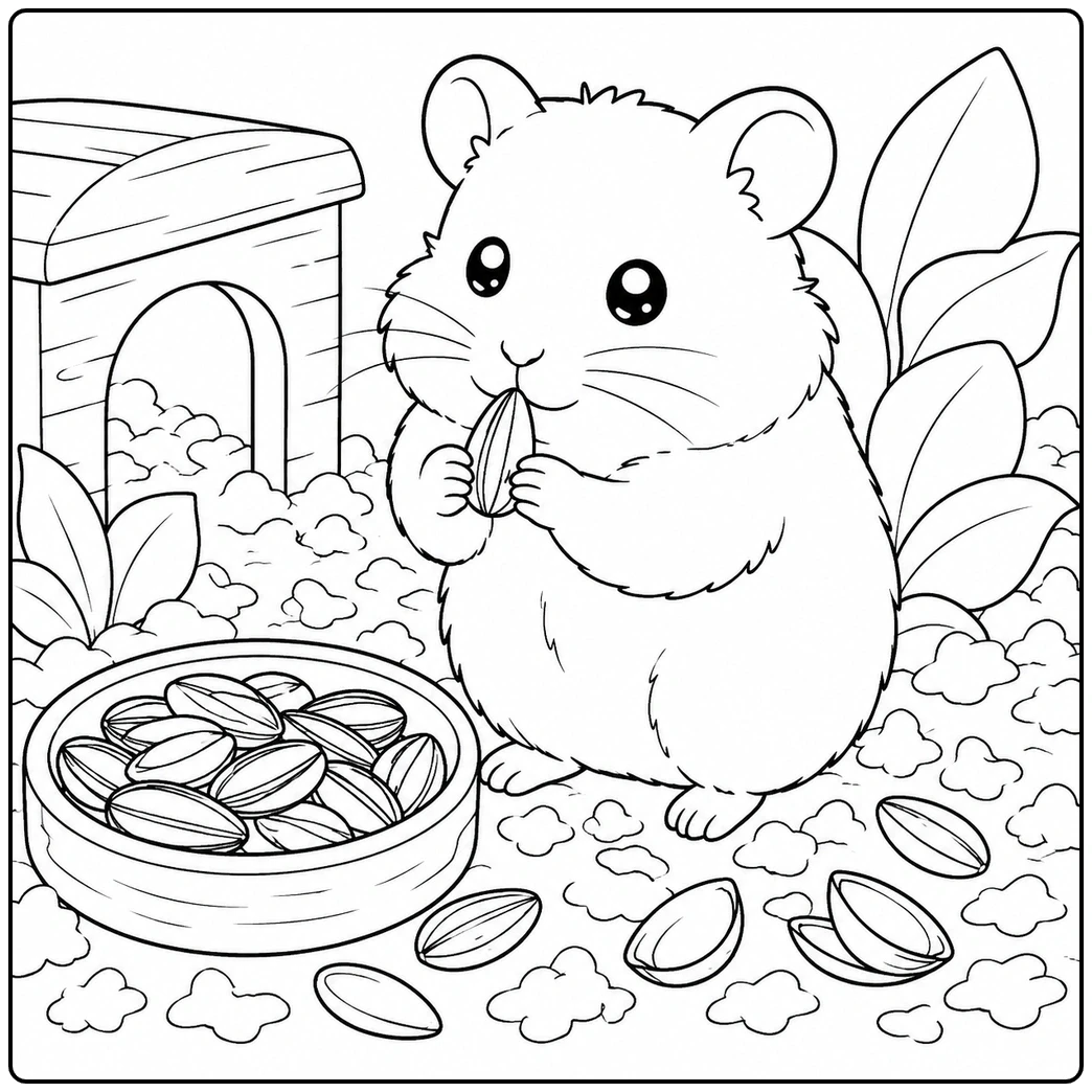 Round hamster eating a seed beside a full bowl in this hamster coloring page with leafy plants