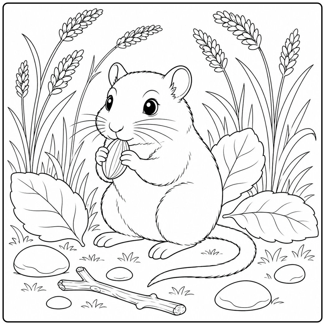 Round gerbil holding a striped seed among tall grain stalks, broad leaves, and scattered rocks