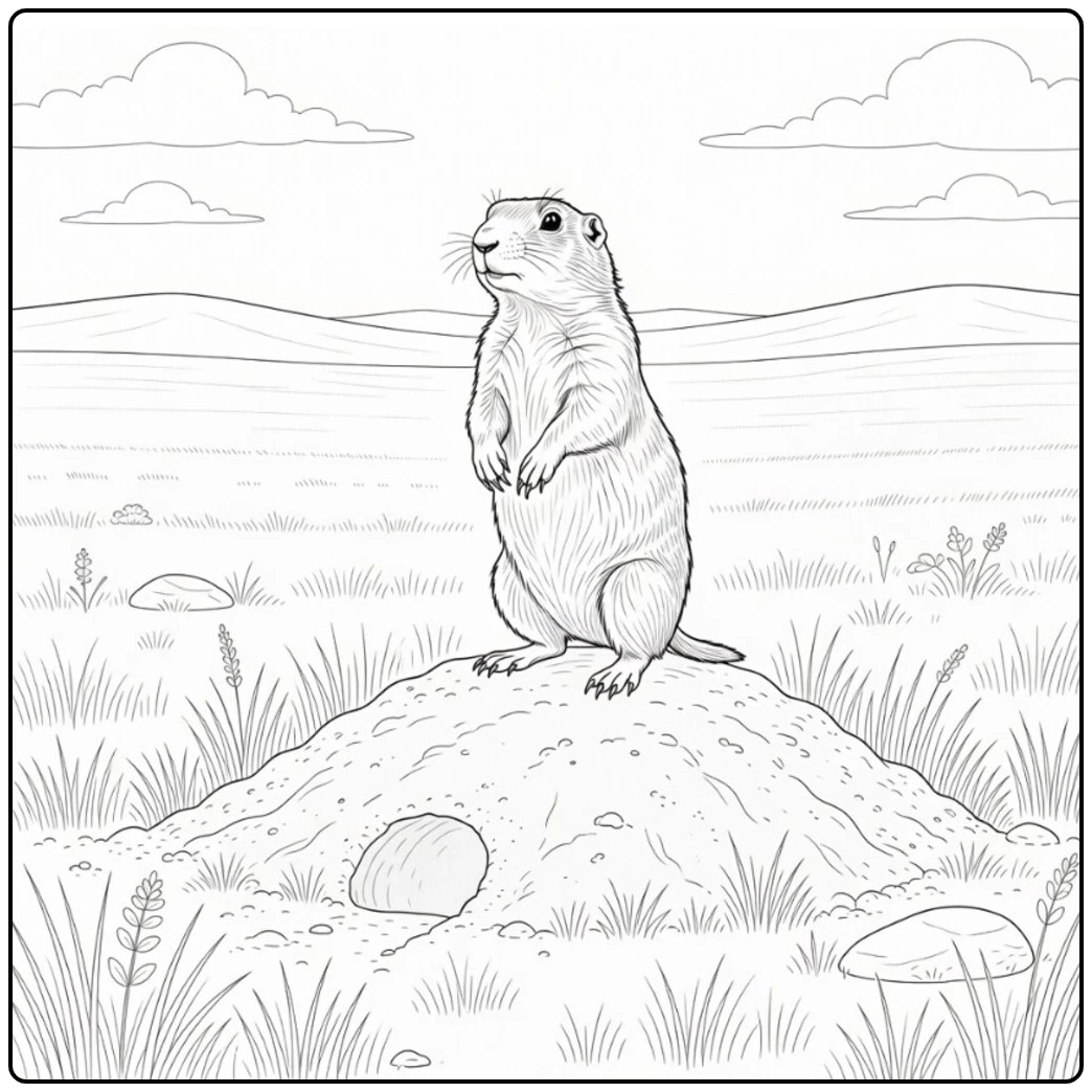 Upright sentinel on an earth mound in a prairie dog coloring page with open grassland