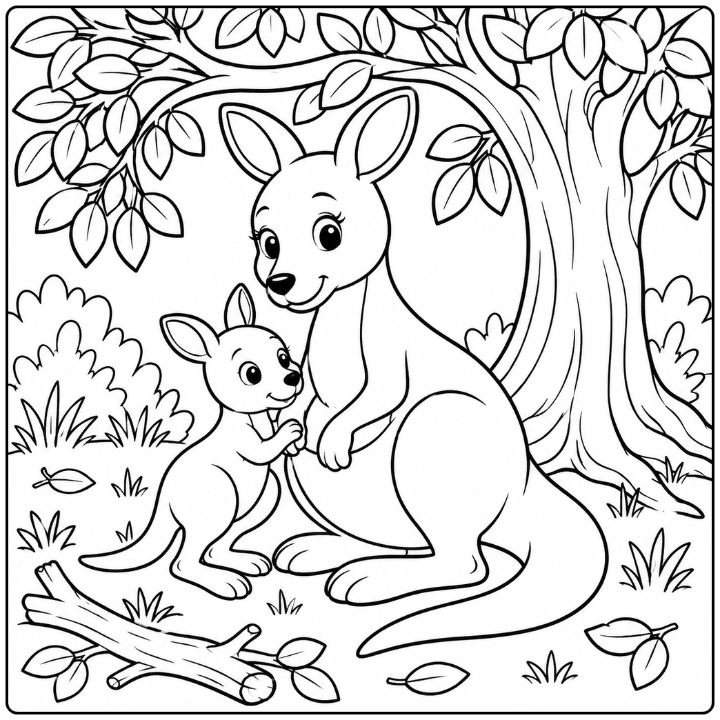 An adult kangaroo sits beneath a broad tree while a joey stands close by among leaves and fallen branches.
