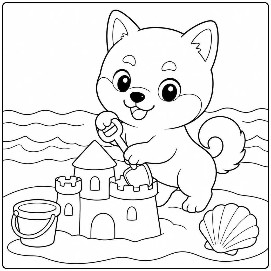 Shiba Inu shapes a sandcastle beside a bucket and large seashell near the ocean