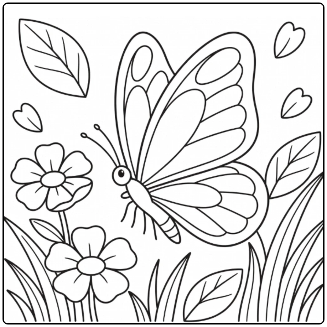 Side-view butterfly fluttering beside flowers and broad garden leaves