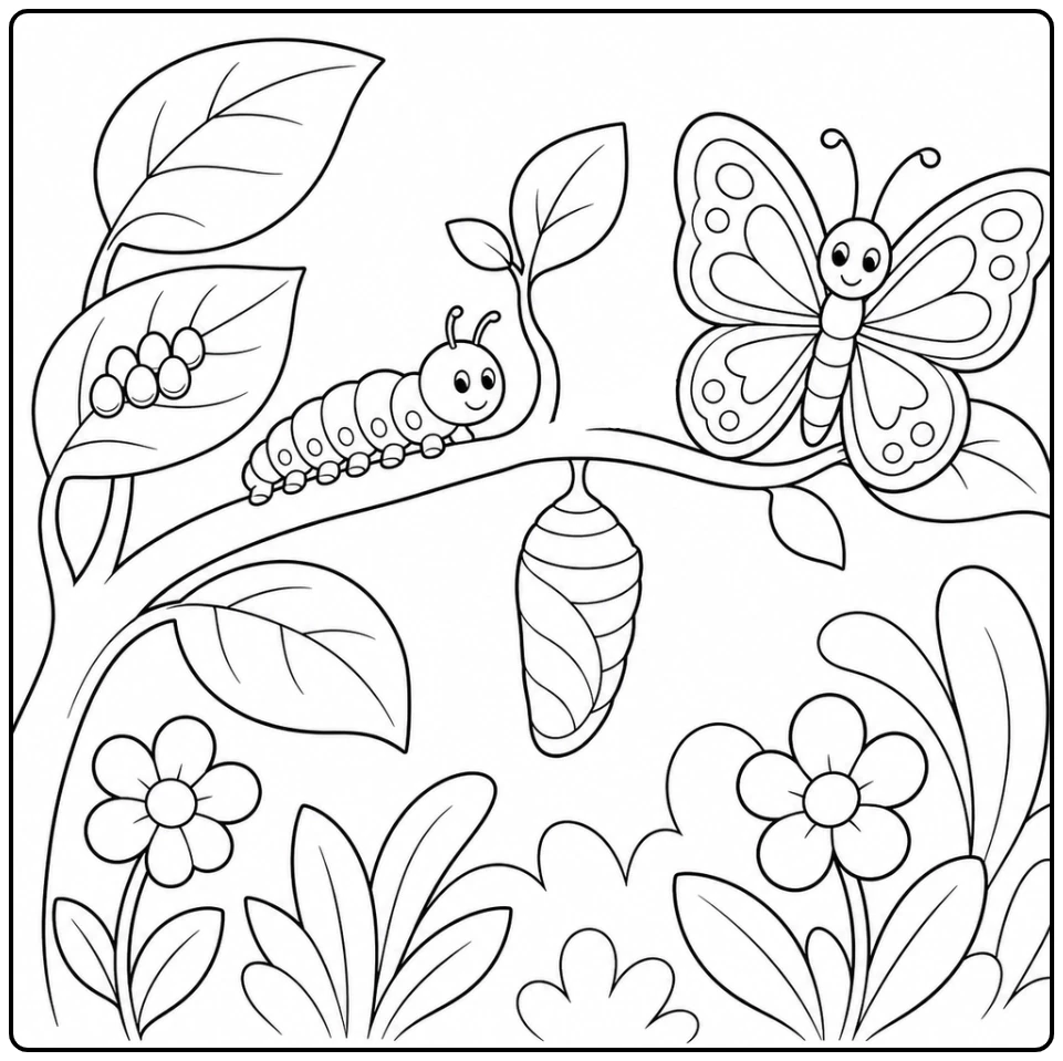 Eggs on a leaf, a caterpillar, chrysalis and butterfly share a simple garden scene.