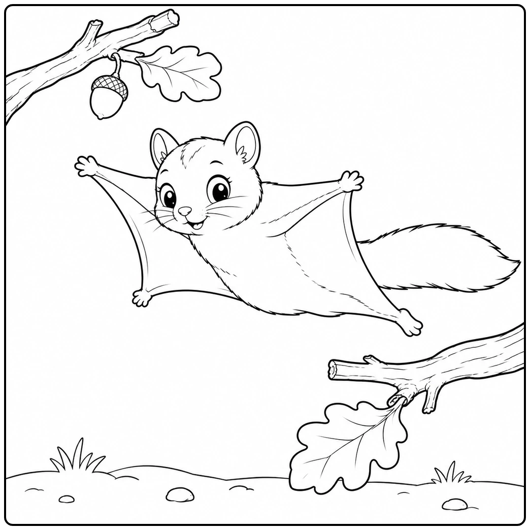Smiling flying squirrel soars between simple branches with one acorn and an oak leaf