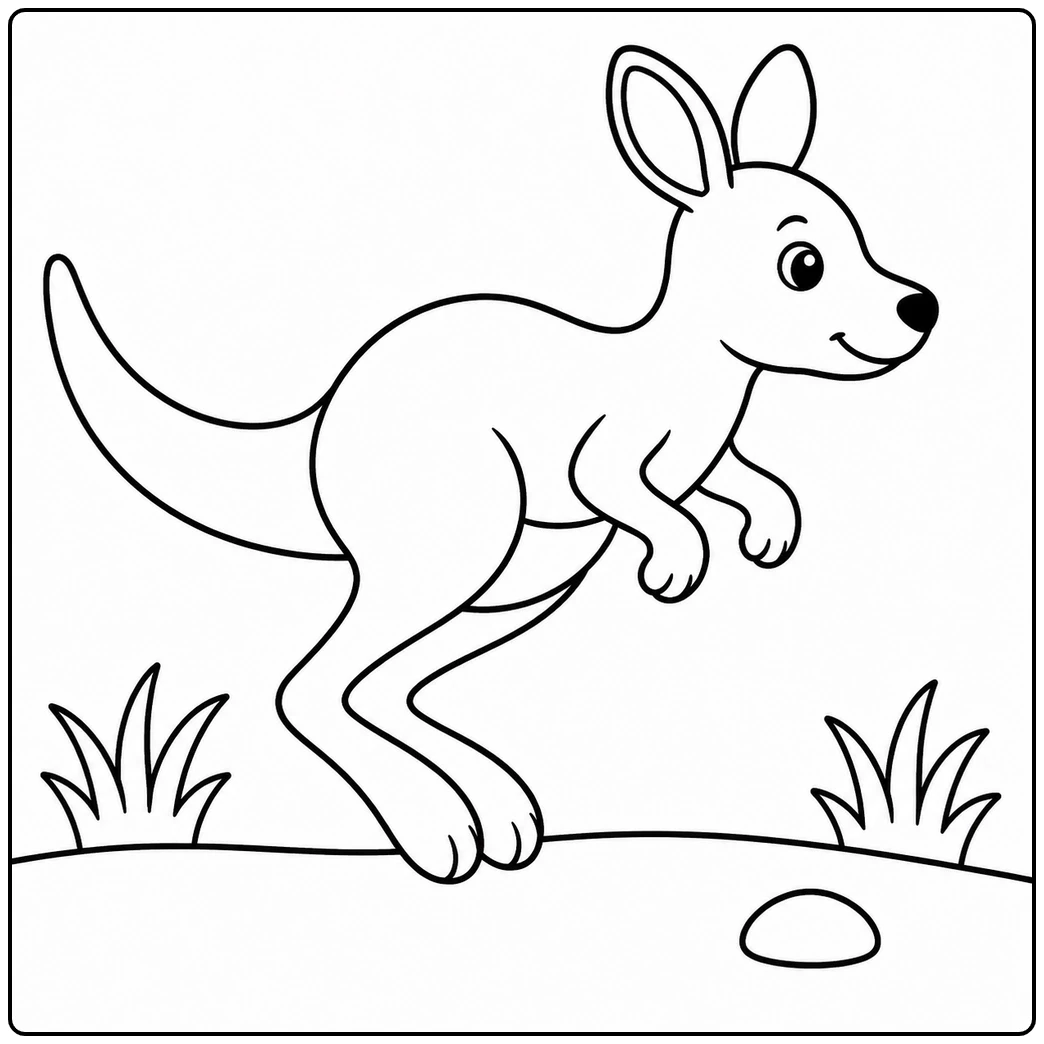 Young kangaroo hopping across open ground with grass tufts and a small rounded stone