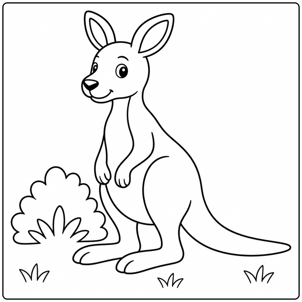 Standing kangaroo beside a leafy bush and grass in a simple kangaroo coloring page