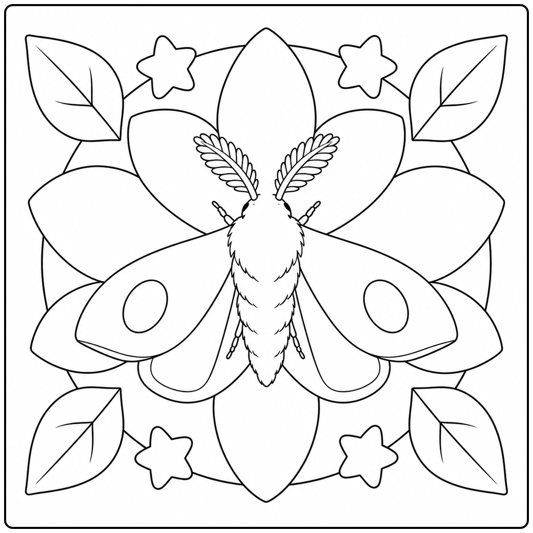 Simple floral moth coloring page with a centered moth, large petals, leaves, and stars.