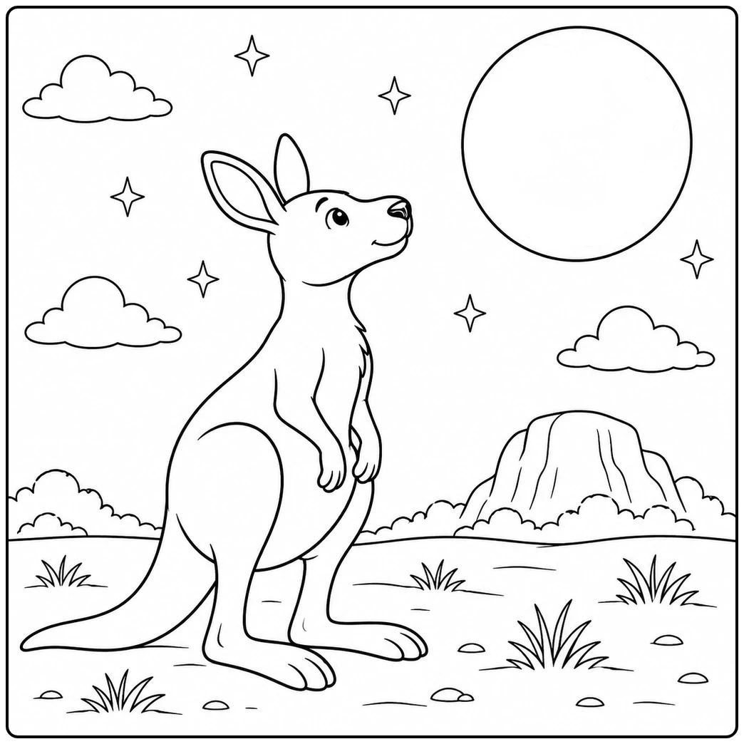 On this kangaroo coloring page, an upright kangaroo looks toward a large round sun beneath small clouds.