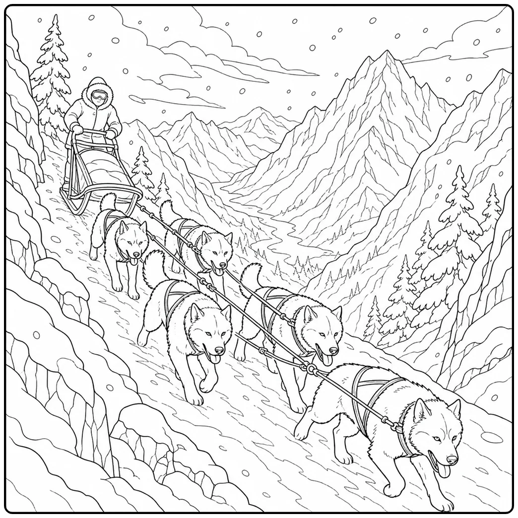 Fun sled dog coloring page of a husky team in winter snow