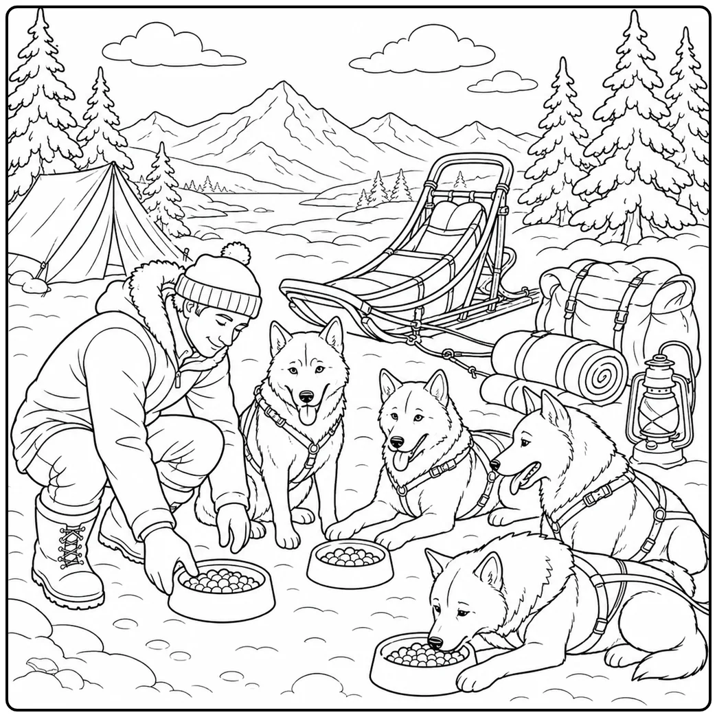 Sled dog coloring page featuring a loyal husky in winter