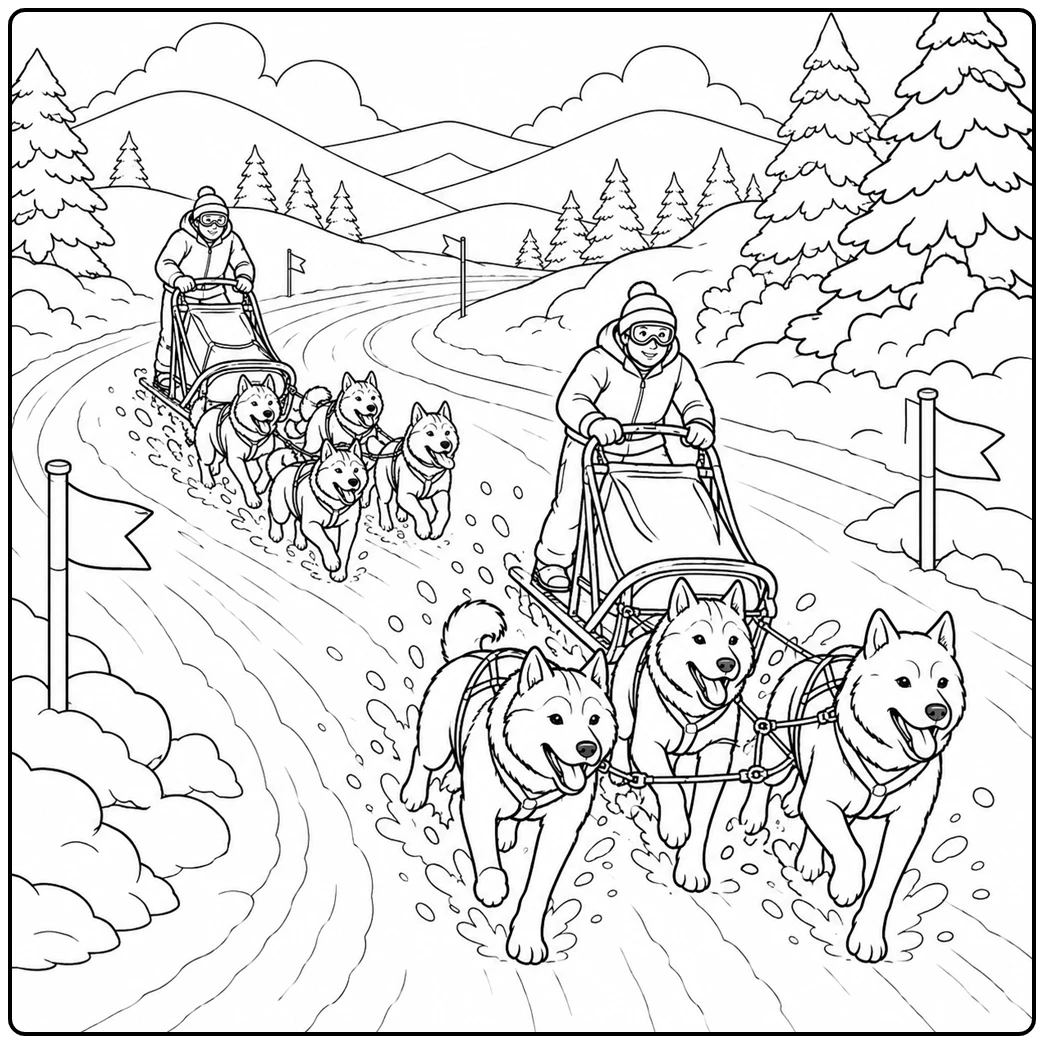 Sled dog coloring page with husky in snowy scene