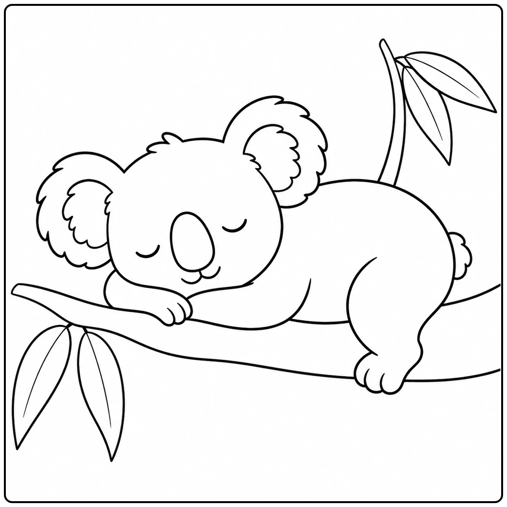 Sleeping koala rests across a wide tree branch with eucalyptus leaves at both ends.