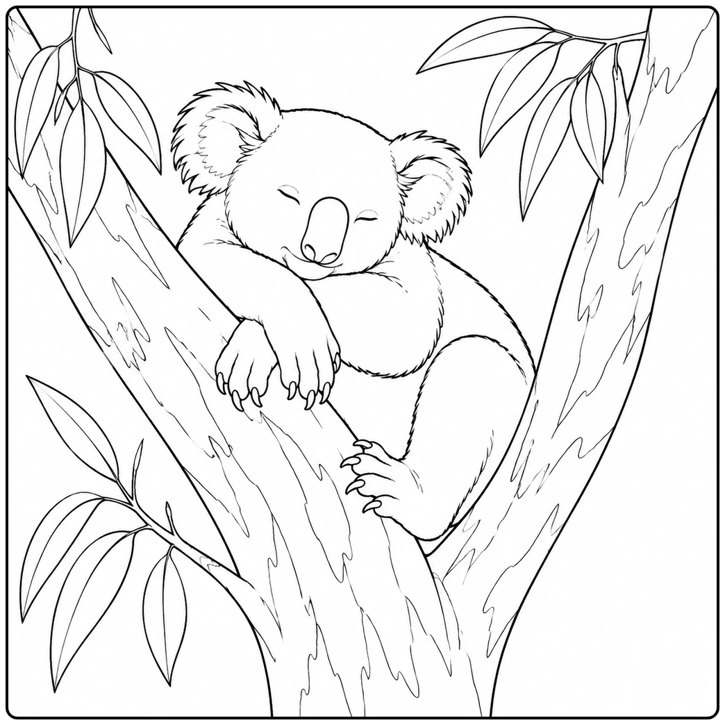Resting koala sleeps in a tree fork with closed eyes and paws draped over the trunk