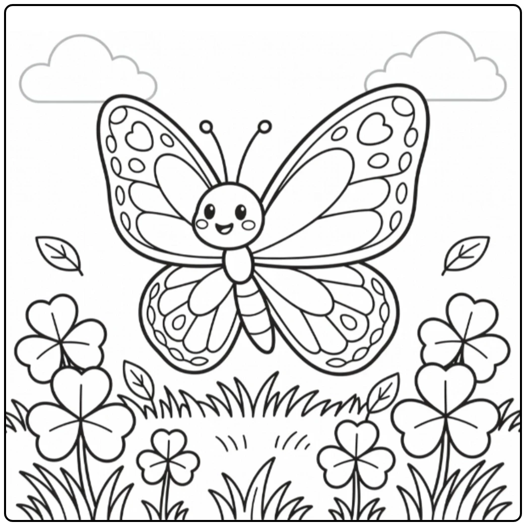 Smiling butterfly above a flower meadow in a simple butterfly coloring page