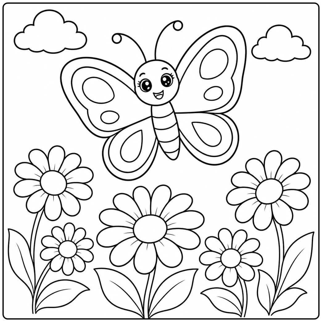 Happy butterfly hovering over blooming daisies beneath two soft spring clouds