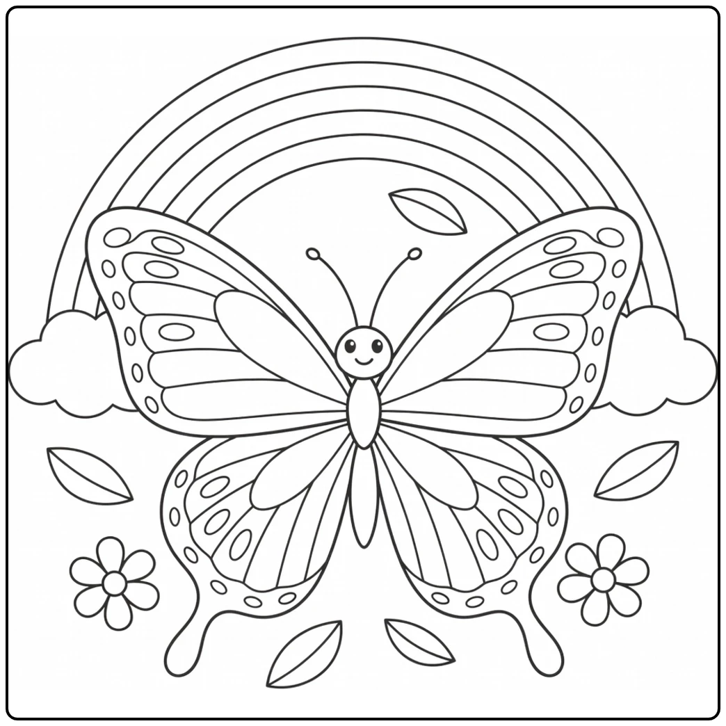 Smiling butterfly with detailed wings flying beneath a rainbow, clouds, flowers, and leaves
