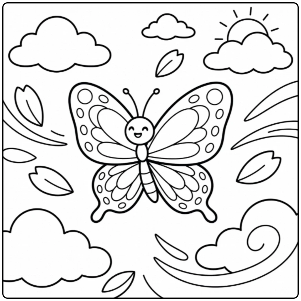 Happy butterfly floating through clouds with sunshine and scattered leaves