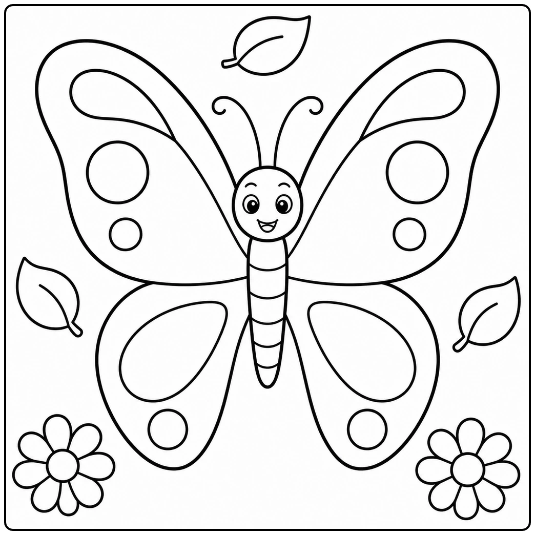Smiling butterfly with large patterned wings, flowers, and floating leaves