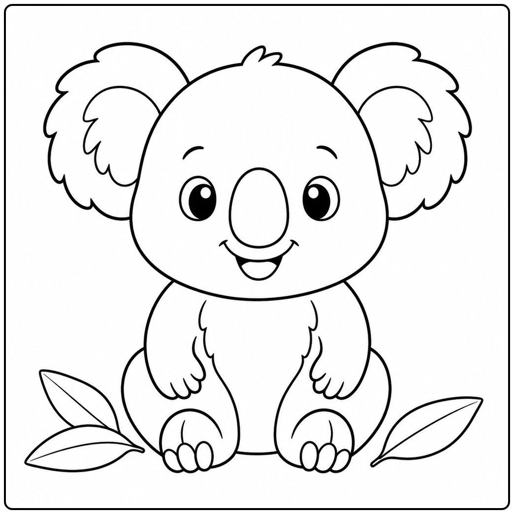 Smiling koala sits upright with fluffy ears and two eucalyptus leaves beside its feet.
