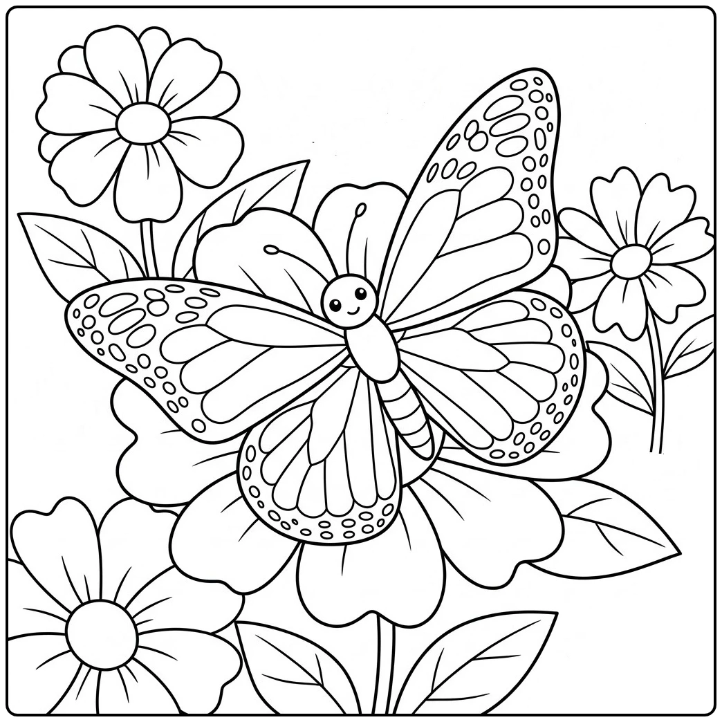 Smiling monarch rests on a large flower in a simple monarch butterfly coloring page
